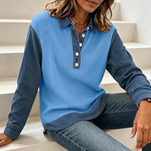 Waffle Tops for Women Jean Patchwork Collared Button Fashion Shirts - image 3