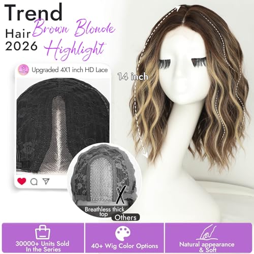 Image of Eawwii Wigs for Women Brown Blonde Highlight,Short Wavy Synthetic Lace Wig | Glueless 4x1 Lace Hairline, Heat-Resistant Fiber,Bob Wave Style,Natural Appearance for Everyday Cosplay 14 Inch