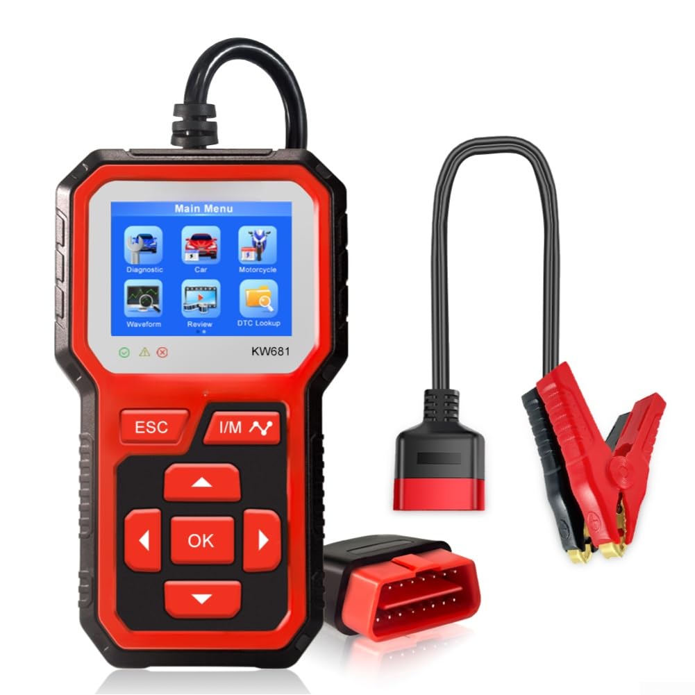 KW681 - Tester per batterie da 6 V/12 V per auto e moto, scanner diagnostico con lettura dei codici di errore e funzione di cancellazione, per batterie AGM, gel e acido, standard OBD2 (a partire dal