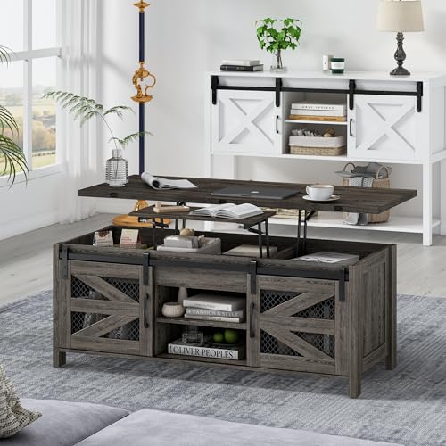 wanan 47.2\" Lift Top Coffee Table, 4 in 1 Farmhouse Coffee Table with Sliding Barn Door, Coffee Tables for Living Room, Dining Room (Grey) - Thumbnail 4