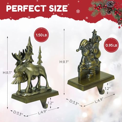 INNO STAGE Christmas Stocking Holders for Mantle Set of 2, Heavy Duty 3D Reindeer Xmas Tree Stocking Holders with Non-Slip Base, Stocking Hooks Hangers for Fireplace Shelf Table Festive Xmas Decor