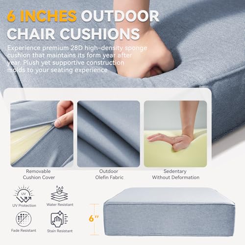 Image of 6 inch Thick Patio Chair Cushions - 24 inch* 24 inch Patio Furniture Cushions with Water Resistant & Removable Cover, 28D High Density Sponge Patio Cushion for Outdoor Furniture Couch Chair Baby Blue