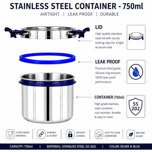 Image of Stainless Steel Lunch Box with Airtight Leakproof Lid,Easy to Clean Tiffin Box for Office,School & Kids,Navy Blue,Set of 1 (750ML) Tall