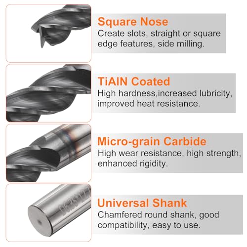 Image of HARFINGTON Carbide Square Nose End Mill Bit 1 /4 inch Cut Dia 4 Flutes TiAlN Coated Milling Cutter for Hardened Steel Metal (1 /4 inch Shank 1 /2 inch Cut Length 2 inch Long 30 Degree Helix)