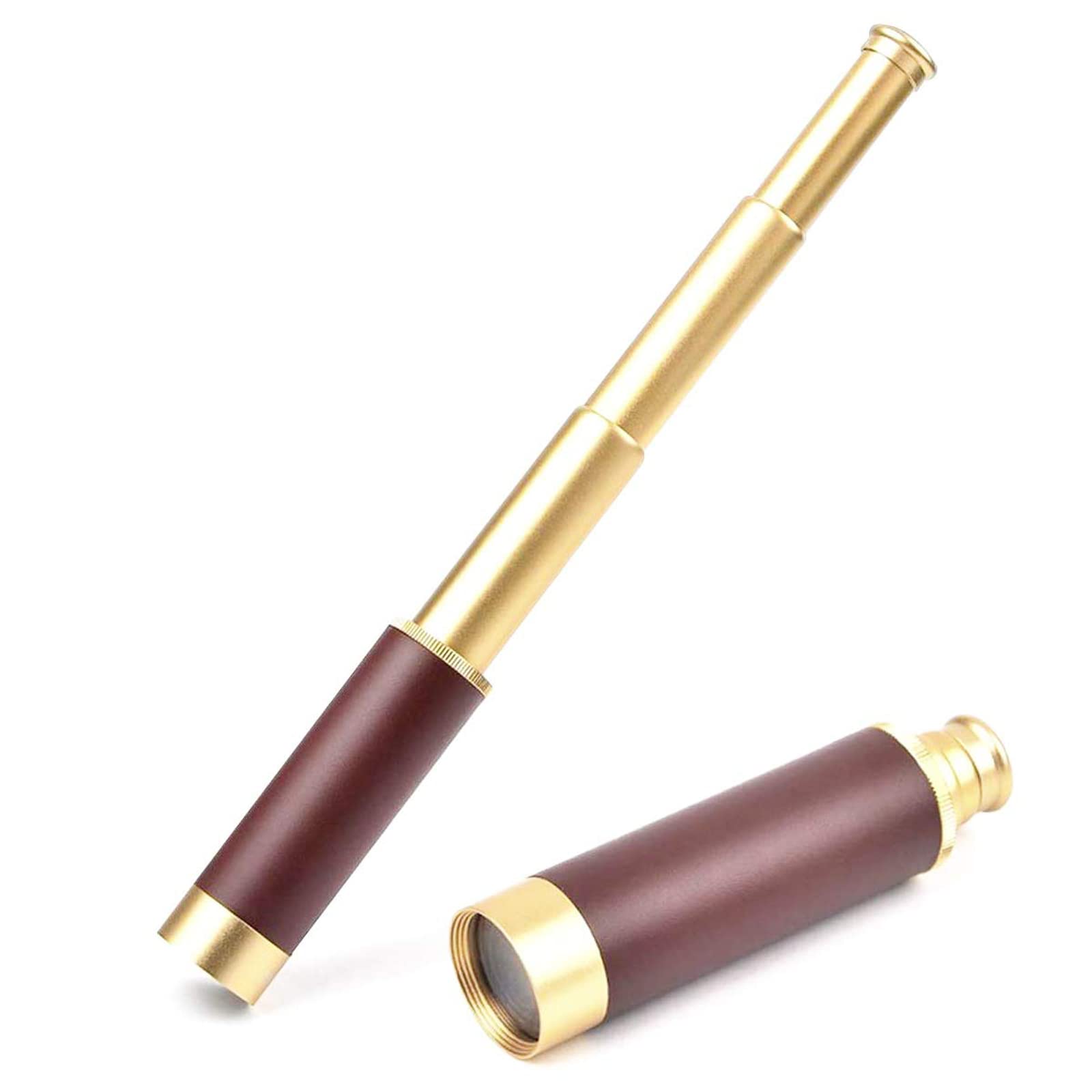 Lychee Monoculaire Etanche Mini Monoculaire Télescopique Retractable Vintage Pirate Optique Telescope Alliage Aluminium avec Placage de Cuivre 4 Sections HD pour Navigation à Voile Voyage Jeux