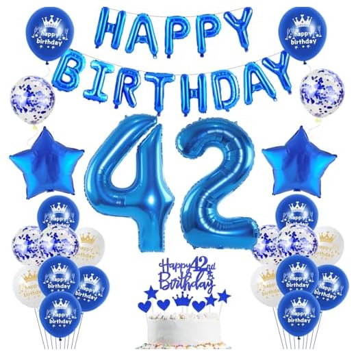 Decoración para 42 cumpleaños para hombres y mujeres, 42 globos de color azul, 42 globos azules, globos para 42 cumpleaños, decoración para 42 años, diseño de hombre y mujer
