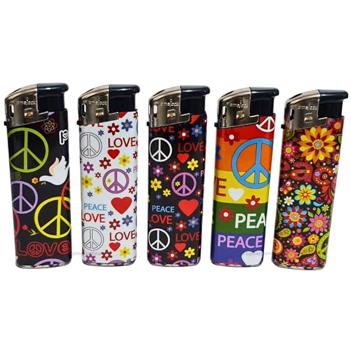 5 Electronic Refillable Lighter Set Assorted Designs Compact & Durable Gas Lighters for Camping Hiking BBQ & Everyday Use Adjustable Flame, Portable, Ideal for Outdoors (Peace)