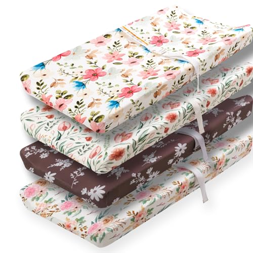 Image of 4 Pack Baby Girl Changing Pad Covers Sheets Set Soft Fitted Floral or Elephant Theme Baby Girl Mattress Covers Breathable Toddler Bed Sheets for Infant or Newborn Girls (Flower, Changing Pad Covers)