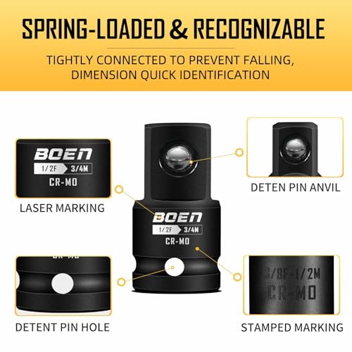 Image of BOEN 10-Piece Impact Socket Adapter and Reducer Set, Standard SAE 1 /4 inch 3 /8 inch 1 /2 inch 3 /4 inch, CR-MO Steel Driver & Wrench Conversion Kit Socket Reducer with 3 /8 inch & 1 /2 inch Universal Joint