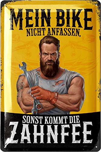 LANOLU Retro Blechschild MEIN BIKE nicht anfassen, ZAHNFEE - Motorrad Geschenke für Männer - lustige Blechschilder Sprüche, Schild für Werkstatt und Garage - Deko vintage Metallschild 20x30 cm