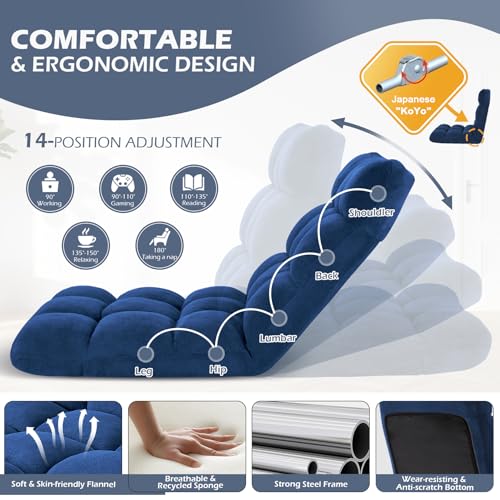 Image of Folding Floor Gaming Chair 14-Poistion Cushioned Adjustable Floor Lazy Sofa Chair w /Breathable Cotton & Skin-Friendly Velvet for Adults & Kids Perfect for Reading Gaming Meditating, Darkblue