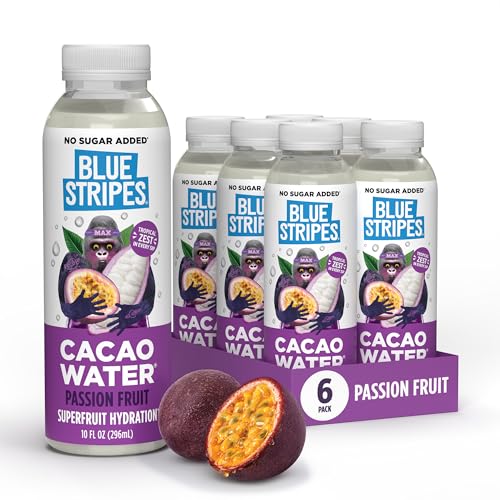 Image of Blue Stripes Passion Fruit Cacao Water - Hydration Drink with Natural Electrolytes & Antioxidants | Cold Pressed Cacao Juice, Fruit Juice & Water | No Sugar Added & Plant Based | 10 Fl Oz (6 Pack)