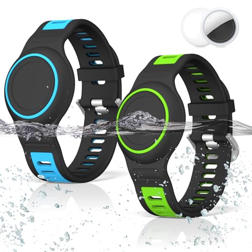[2-Pack] Waterproof Bracelet for AirTag 2nd Gen (2026) & 1st Gen Silicone Airtag Wristband Holder Full Coverage Protective Cover Hidden Air Tag Holder for Kids Child Elderly (Blue+Green)