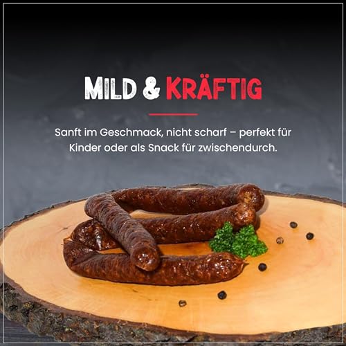 BIO Pfefferbeißer/Feuerbeißer – Rohwurst aus Rind & Schwein, nicht scharf – Snackwurst, zuckerfrei & glutenfrei – Handgemachte Bio Bauernwürste (1 x 2 Paar, 140, gramm)