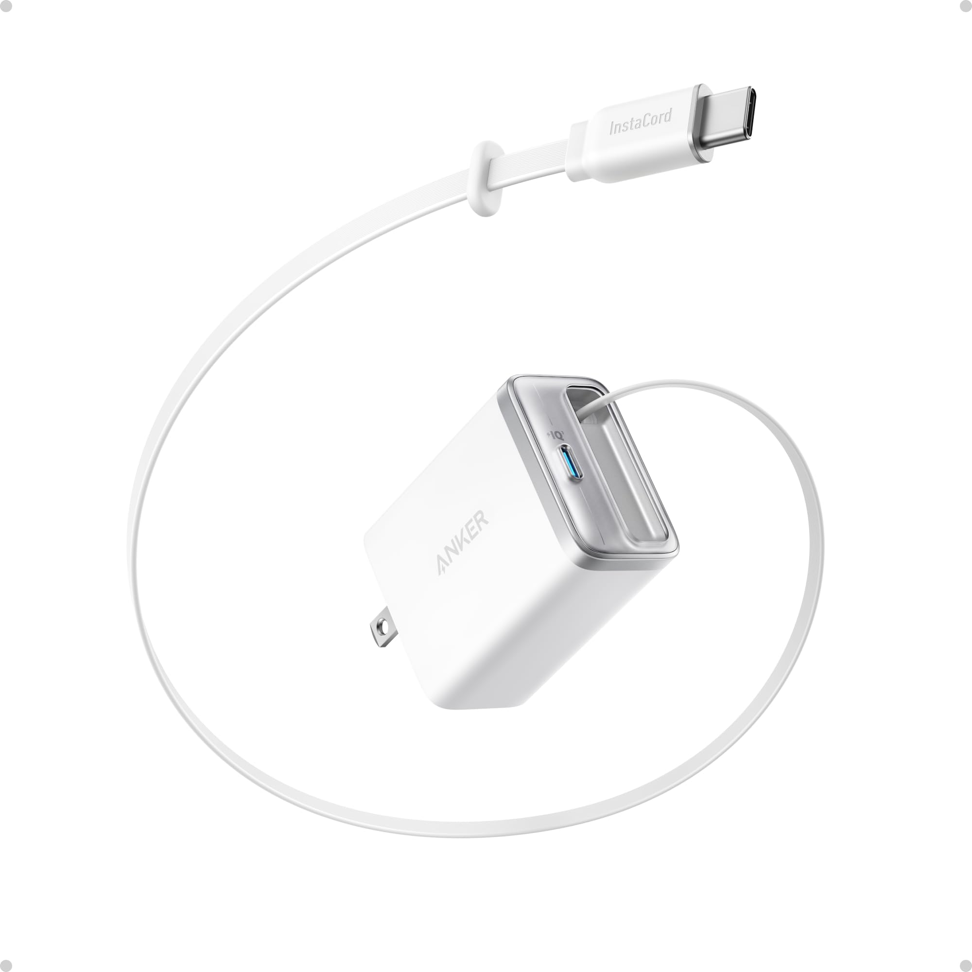 Anker Nano USB C Charger Block, 35W Max 2-Port Compact Charger with Durable Built-in Anker InstaCord Retractable Cable, with iPhone 17/16/15 Series, iPad, and More(White,Non-Battery)