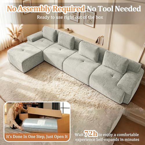 Image of 159 inch L-Shaped Modular Sectional Sofa, Oversized Boneless Cloud Couch for Living Room with Extra Deep Seat & High Back, Tool-Free No Assembly, Soft Chenille (Light Grey, 159 inch-L Shaped（4+1）)