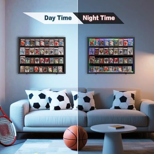 Image of KCRasan 36 Graded Sports Card Display Case with LED - Baseball Card Display Frame Lockable - Trading Card Collector Wall Display Holder for Basketball Football Hockey Cards, UV Protection Acrylic