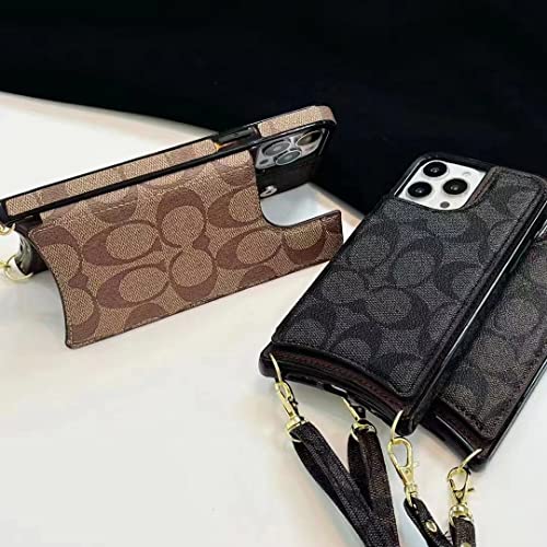 Card Holder Case For Iphone 11, Luxury Stylish Monogram Pu Leather Ultra Slim & Thin Soft Tpu Anti-Slip Scratch Resistant Shockproof Cover Case With Crossbody Strap For Apple Iphone 11 Dark Brown #TOP1