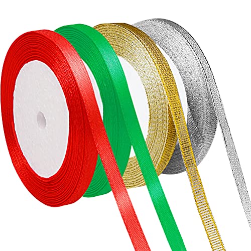 4 Rolls Ribbons, 96 Yards Christmas Ribbons Silver Gold Metallic Glitter Ribbons Red Green Gift Ribbons for Crafts Gift Wrapping Party Decoration