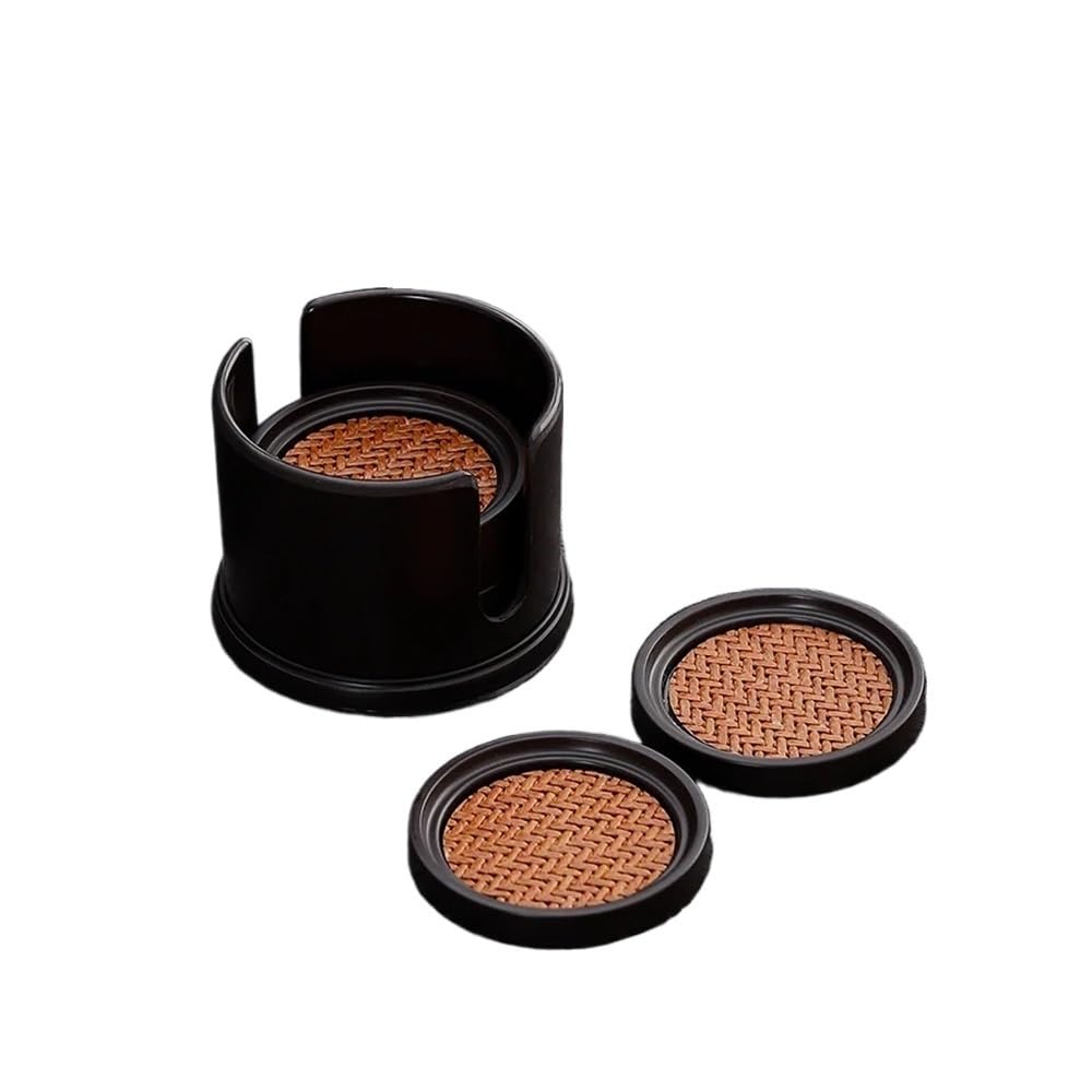 Posavasos de aislamiento térmico, tejido de bambú redondo de estilo chino, tapete hecho a mano para juego de té y tazas de café. 6 piezas con estante de almacenamiento (6 juegos A)