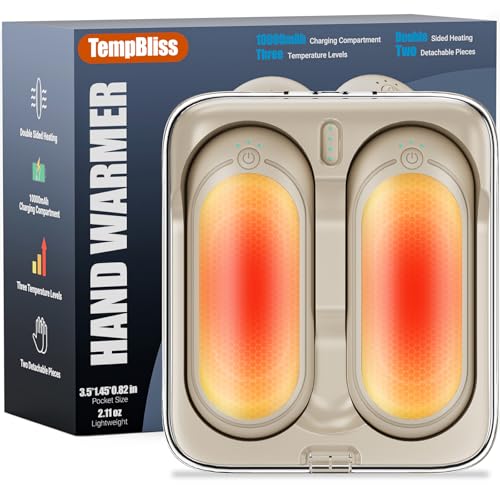 TempBliss 14000mAh Hand Warmers Rechargeable with Charging Compartment, 2 Pack Electric Hot Hands Warmers, Smart Temperature Control, Portable Pocket Heater for Camping, Fishing, Golf, Outdoor, (Gold)