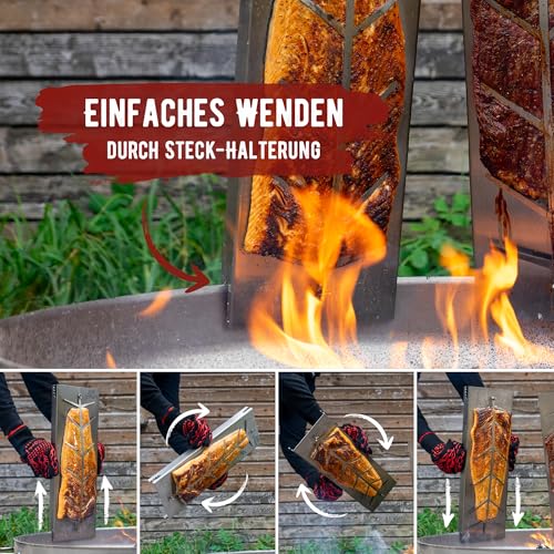 grillart® XXL Premium Flammlachsbrett aus Edelstahl – 180° drehbar & 5-fach verstellbar – Lachsbrett für Grill & Feuerstelle – Robustes Grillzubehör - 55cm lang und 18cm breit