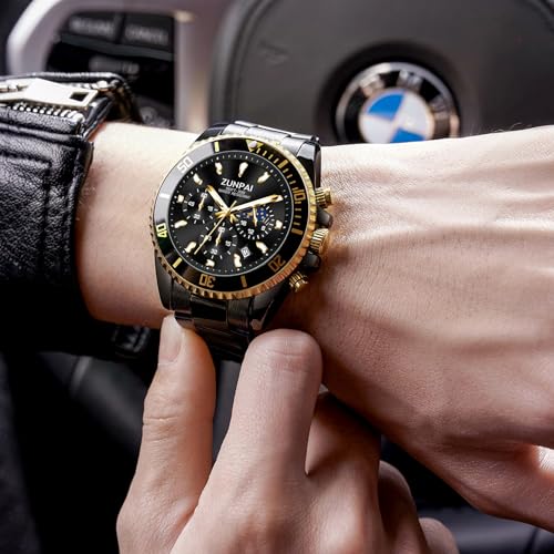 Image of ZUIPAI Moon Phase Watch for Men Chronograph Dial Analog Quartz Wristwatch Luxury Diamond Business Dress Watch with Luminous Waterproof Calendar Stainless Steel Strap