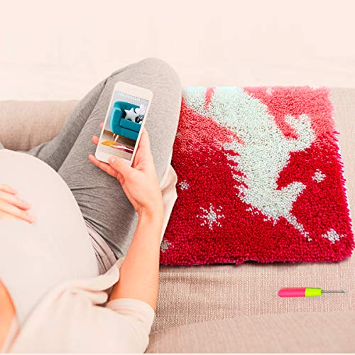 Image of clubevy Latch Hook Kits DIY Cushion Cross Stitch Kits Embroidery for Adults Beginner DIY Needlework Rectangle Floor Desk Mat Home Decoration, Unicorn