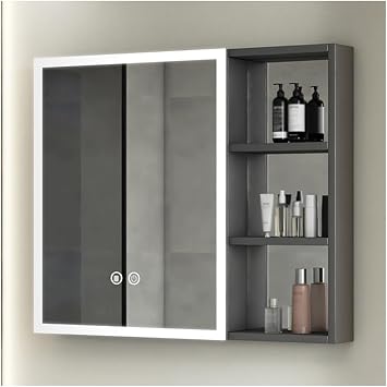 Multifunctional Wall Mounted Mirror Cabinet LED Lighting Mirror Cabinet Bathroom Mirror with Storage Rack, Perfect for Balcony and Toilet, Modern and Simple Color Gray, Size 70cm