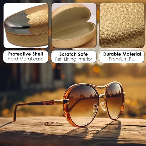 Image of Large Curved Sunglasses Case - Women Hard Shell Glasses Holder - XL Large Eyeglass Case with Pouch &Cloth