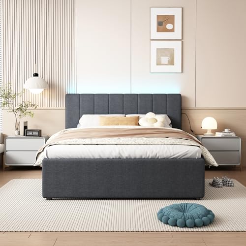 Ball & Cast Full Size Upholstered Platform Bed with Twin Size Trundle & USB Port,Linen Tufted Bed Frame W/Remote Control LED Light & Stripe Headboard,Wood Slats Support for Bedroom,Apartment Gray by Ball & Cast - Image 9