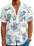 DFZ Men's Cruise Button Down Pirate Raccoon Hawaiian Shirt Treasure Map Design Tropical Nautical Theme Party Outfits Dark Blue