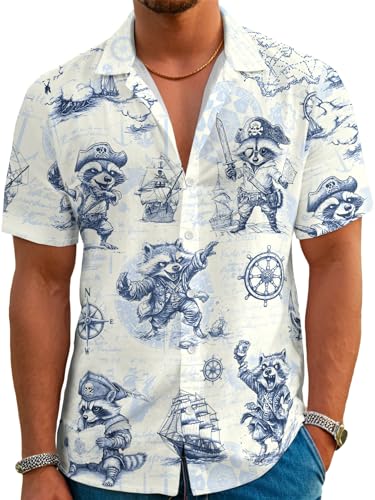 DFZ Men's Cruise Button Down Pirate Raccoon Hawaiian Shirt Treasure Map Design Tropical Nautical Theme Party Outfits Dark Blue