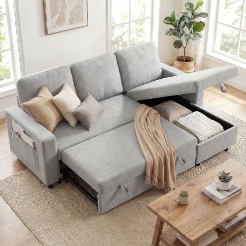Image of HOMCOM Sofa Bed with Storage Convertible L Shaped Couch Light Grey
