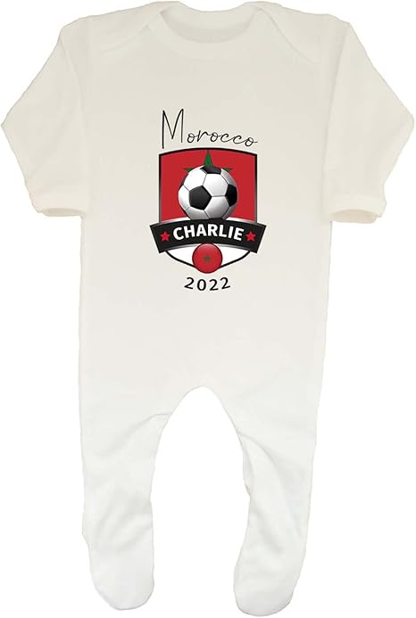 Shopagift Baby,Clothing,Baby Boys 0-24m,Sleepwear & Robes,Sleepsuits Shopagift Personalised Morocco Football World Cup Shield Baby Sleepsuit Romper Gift