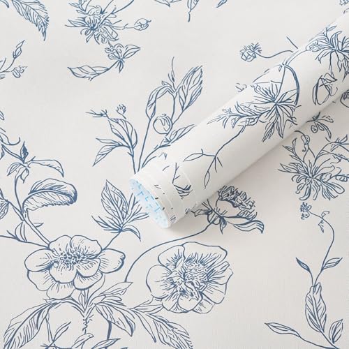 Ismoon Peel and Stick Wallpaper Floral Vintage Stick on Wall Paper Blue and White Contact Paper for Cabinet French Textured Removable Self Adhesive Wallpaper Vinyl for Bedroom Wall Deco 17.3 x 196in