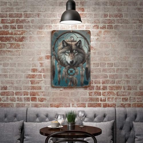Tableau loup attrape-rêves en relief métal déco murale durable