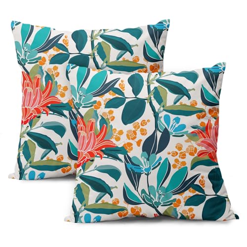 Teal Coral Floral Pillow Covers 18X18 Inch Turquoise Green Leaves Orange Flower Couch Pillow Cases Set of 2 Blue Red Aqua Cotton Cushion Case Farmhouse Home Decor For Bed Sofa Couch Living Room