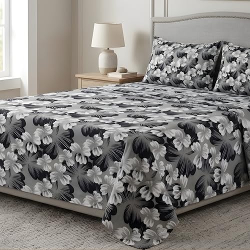Image of 100% Cotton Feel Double Bed Bedsheet Set | 240 TC Soft & Breathable | Mint Green White Flower Print with 2 Pillow Covers | Wrinkle Free | for Bedroom (90 x 100 Inches) (Grey)