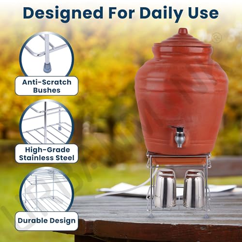 Image of URBANMONK Flate Surface Matka Stand for Water Pot with Pipe Fitted Drain Water Try | Steel Matka Stand for Kitchen | Water Pot Stand for Kitchen | 8 X 8 X 7.5 Inch, (Pot & Glass NOT include)