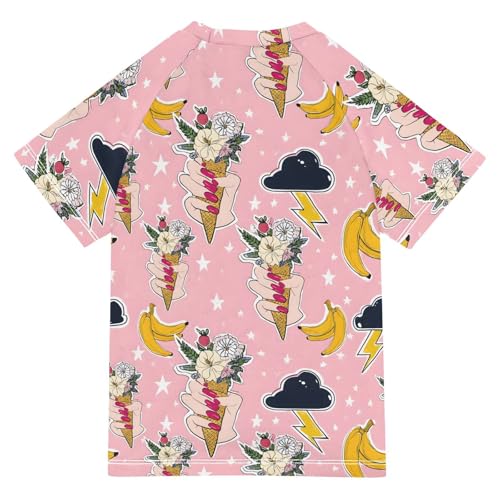 ALAZA Kids Rash Guard Girls Toddler Swim Shirts Short Sleeve Flower Banana Funny UPF 50+ 3T2