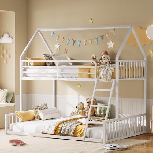 LIKIMIO Bunk Bed Twin Over Full Size, House Bunk Bed Frame with L...