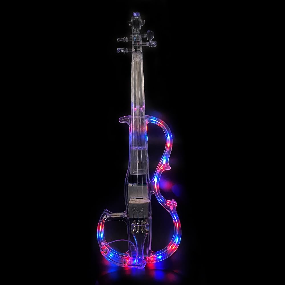 Light Up Electric Acoustic Violin 4/4-3-Color Changing Transparent Acrylic Solid Body, Silent Practice & Stage Performance Violin Kit with Case, LED Bow, Cable, Shoulder Rest #EV8