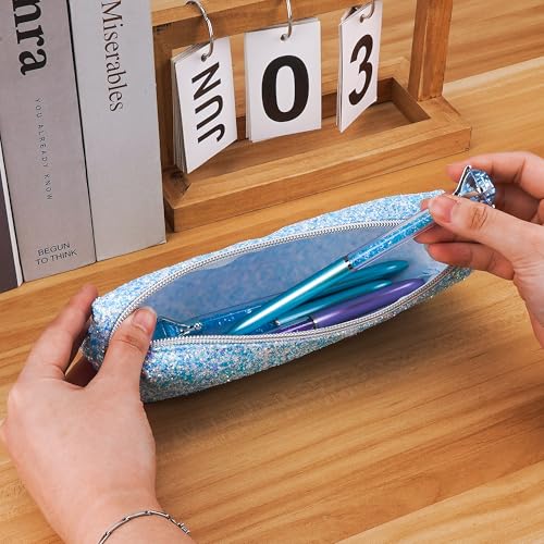 Image of Blue Pencil Box Glitter, Shiny Pencil Case, Stationery Zipper Portable Pencil Case, Stationery Storage Bag, for Daily Study Work (1Pcs)