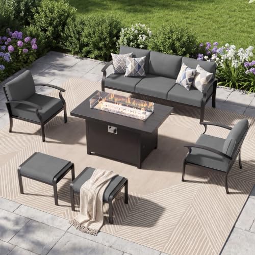 Image of Aluminum Patio Furniture Set with Fire Pit Table, 7 Seats Outdoor Patio Conversation Sets with Ottomans, Modern Metal Patio Sectional Sofa with Upgrade Cushions for Patio, Backyard, Deck - Grey