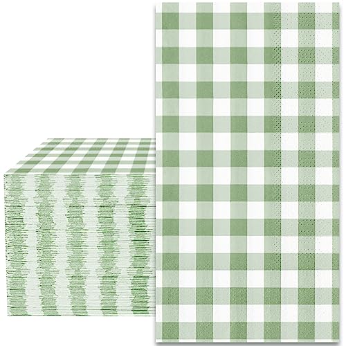 Whaline Sage Green Gingham Guest Napkins Buffalo Plaid Disposable Paper Pack 3 Ply Wedding Dinner Hand Napkin Towel for Wedding Birthday Bride Shower Party Supplies Table Decorations, 80Pcs