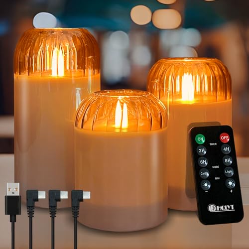 Image of LEDHOLYT Rechargeable Jar Flameless Candle, Flashing LED Pillar Real Wax Candle with Remote Control and Timer, Black Pumpkin Glass Electronic Candles for Room Decoration, 1 Set of 3