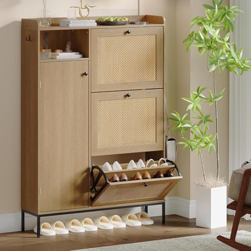 Garvee Meuble à Chaussures en Rotin avec 3 Tiroirs Rabattables & 4 Niveaux, Meuble De Rangement Autonome avec Étagères Réglables pour Entrée (Naturel avec...