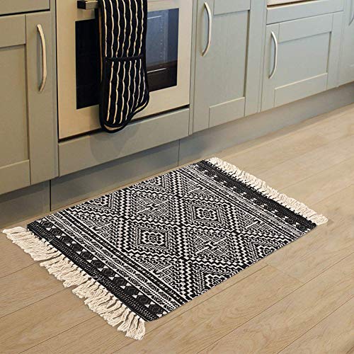 Seavish Cotton Printed Rug 2'W X 3'L Decorative Black And Cream Diamond Symmetry Kilim Small Area Rug Hand Woven Rug For Entryway Thin Throw Rugs For Laundry Room Living Room Dorm #TOP4
