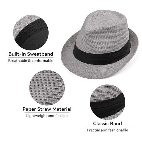 Image of Straw Trilby Fedora Hat for Men Women 1920s Panama Hat Short Brim Summer Beach Sun Hat with Band